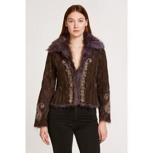 Vintage Kryos Paris Afghan Embroidered Boho Patchwork Suede Fur Coat, Grey 6/38